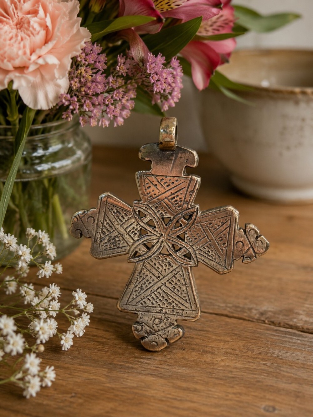 Vintage Coptic Cross Pendant in Silver Tone